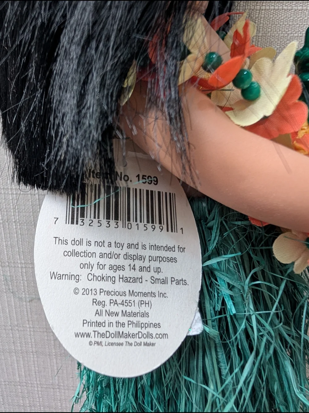 Precious Moments Hawaiian Hula Girl Doll in Teal Grass Skirt with Orange Accents